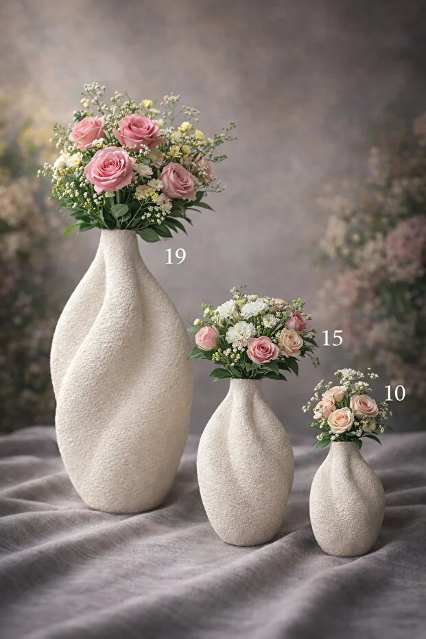 3’lü Modern Dokulu Seramik Gorunumlu Vazo Seti 19-15-10 cm | Minimal Ev Dekorasyon Çiçeklik